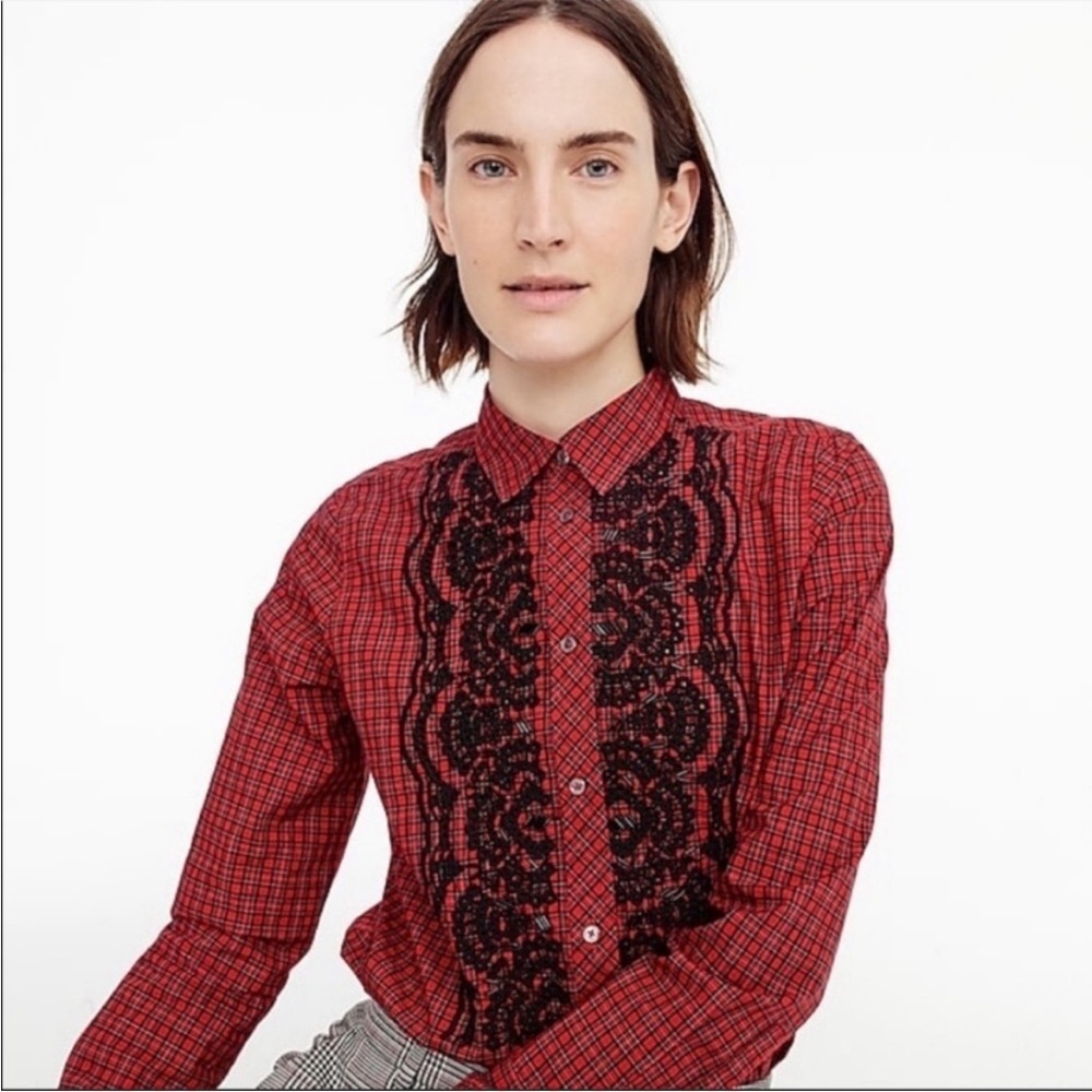 J. Crew Boy Button Up Blouse Embellished Beaded Red Black Plaid Cotton Size 4